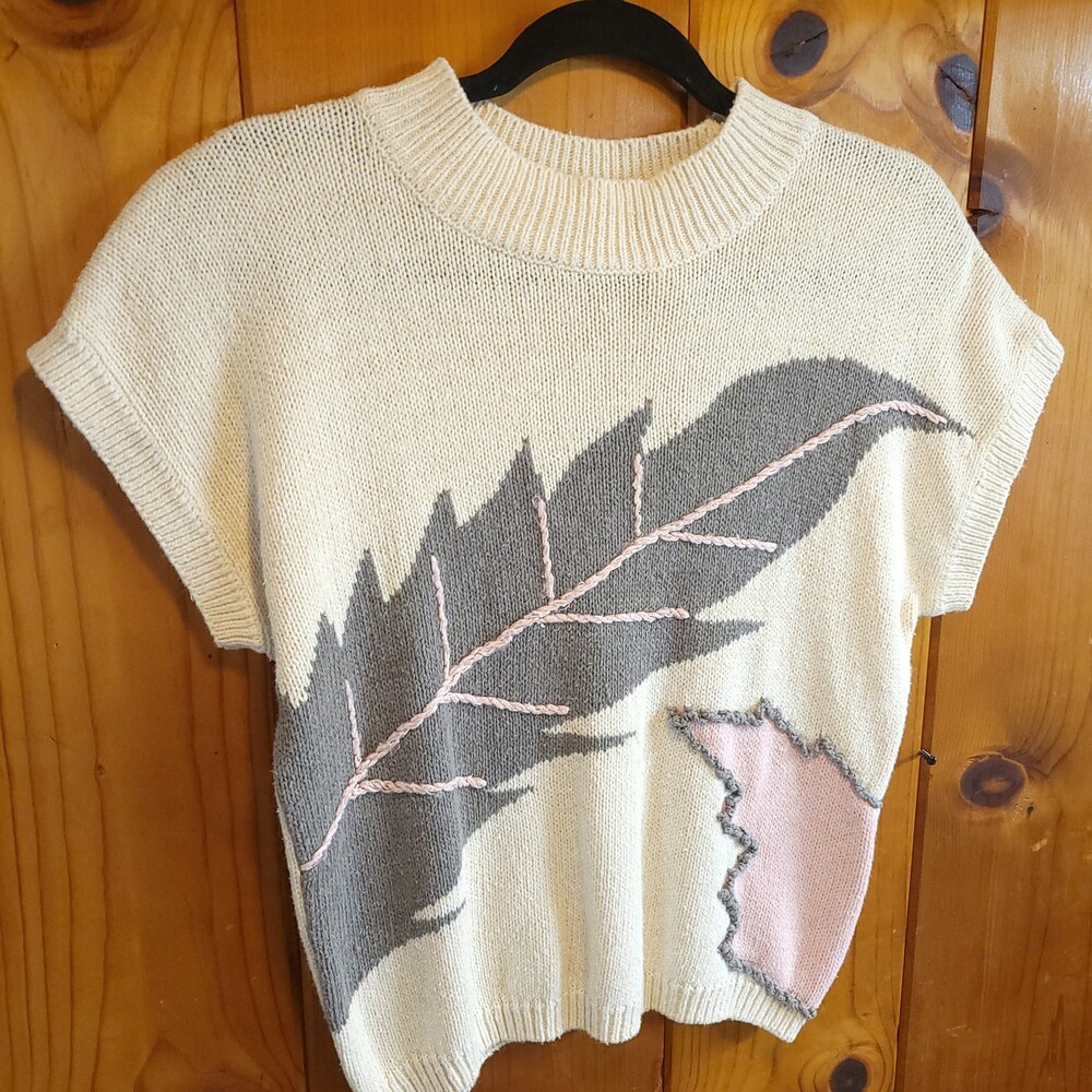 80s vintage Shenanigans silk ramie Cream batwing medium Sweater Leaf Embroidery